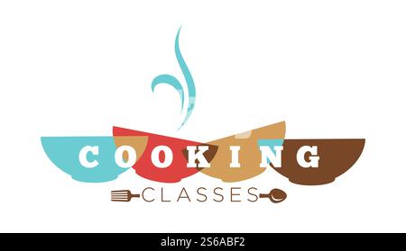Kitchen cooking classes isolated icon color bowls and cutlery vector culinary dishes and meals preparation learning education hobby and profession spoon and fork emblem or logo dishware or kitchenware. Cooking classes isolated icon color bowls and cutlery Stock Vector