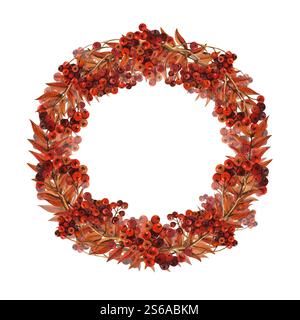 Volumetric round wreath with rowan berries and autumn leaves. Watercolor illustration isolated from the background. Hand drawn frame with berries for Stock Photo