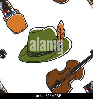 Hat with feather and violin Austrian symbols seamless pattern vector Austria belt and traditional headdress string musical instrument endless texture traveling and tourism to Europe wallpaper print. Austrian symbols seamless pattern hat with feather and violin Stock Vector