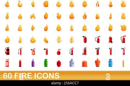 60 fire icons set. Cartoon illustration of 60 fire icons vector set isolated on white background. 60 fire icons set, cartoon style Stock Vector