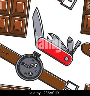 Chocolate knife and watch Swiss symbols seamless pattern travel to Swiss vector multifunctional tool wrist clock and dessert endless texture traveling and tourism food and production wallpaper print.. Swiss symbols seamless pattern chocolate knife and watch Stock Vector