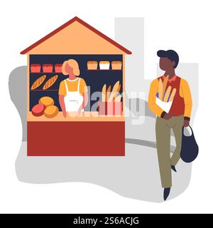 Vendor and buyer market bread stall bakery products vector loaves and baguettes vector baker man with packs and woman in apron homemade pastry organic wheat dough food marketplace shop or store. Market bread stall bakery products vendor and buyer Stock Vector