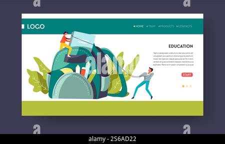 Education and degree receiving web page template students and backpack stationery supplies knowledge Internet site mockup subject learning and exam lessons and classes online course and development. Education and degree receiving web page template students and backpack Stock Vector