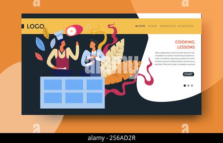 Online video course cooking lessons web page template vector chef and student in aprons near stove or cooker saucepans and spoon kitchen culinary recipes learning classes Internet site meat leg. Cooking lessons online video course web page template Stock Vector