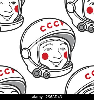 Soviet Union seamless pattern USSR symbols retro items vector spaceman Uriy Haharin famous astronaut in helmet from pressure suit male character endless texture space exploration wallpaper print.. USSR symbol Uriy Haharin spaceman or astronaut seamless pattern Stock Vector