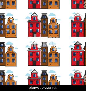 Urban buildings Netherlands town houses seamless pattern vector row of brick dwellings multi-storey constructions endless texture Oslo traveling and tourism wallpaper print traditional architecture. Netherlands or Holland town houses traditional architecture seamless pattern Stock Vector