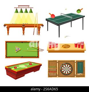 Darts ad games on table pool or billiard ping pong vector beer pong and hockey sport and entertainment competition and tournament rackets and ball cues and holes paper cups and puck aim or target. Games on table and darts pool or billiard ping pong Stock Vector