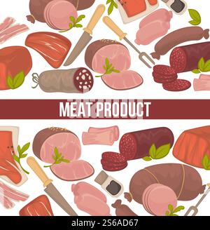 Butchery shop meat product herbs and spices vector food beef and pork ham and sausage veal and salami bacon and paper parsley and bay leaf fork and knife cutlery and greenery market and cooking.. Meat products seamless pattern herbs and spices cutlery Stock Vector