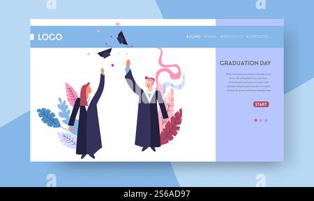 Students in academic hats and mantles graduation day web page template vector education and knowledge degree and diploma receiving ceremony online distant learning or training Internet site mockup. Graduation day web page template students in academic hats and mantles Stock Vector