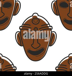 Tunisian symbol travel to Tunisia totem mask seamless pattern vector ritual tribal attribute face cover museum relic traveling and tourism endless texture exotic culture and traditions wallpaper print.. Tunisian mask museum relic or tribal totem seamless pattern Stock Vector
