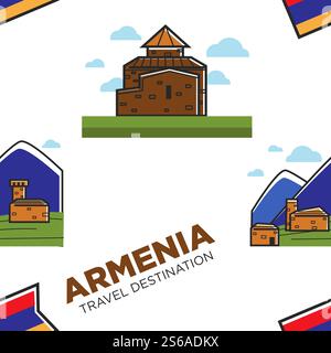 Armenia travel destination Armenian architecture and nature mountains and brick buildings seamless pattern vector mounts and ancient temple national flag endless texture tourism and traveling. Architecture and nature Armenian mountain and brick seamless pattern Stock Vector
