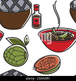 Dishes and fruits Vietnamese cuisine or food seamless pattern vector traveling and tourism meat with gravy and sugar apple melon and porridge in clay pot fish sauce endless texture culinary recipes.. Vietnamese cuisine or food dishes and fruits seamless pattern Stock Vector