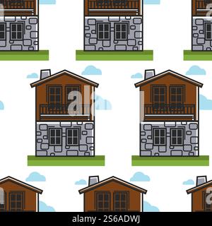 House or dwelling Bulgarian architecture seamless pattern travel to Bulgaria vector wooden and stone walls with chimney and windows endless texture building or two-storey construction wallpaper print.. Bulgarian architecture seamless pattern house or dwelling travel to Bulgaria Stock Vector
