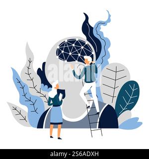 Programmers and artificial intelligence robot head neural network vector smart assistant internet cyborg or bionic futuristic technologies man and woman scientists and developers brain setting. Artificial intelligence robot creation scientists and neural network Stock Vector