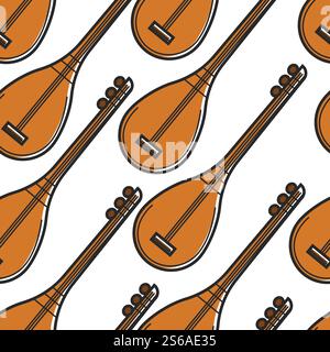 Turkish national musical instrument baglama seamless pattern vector string device folk music playing Turkey culture and heritage art concert or orchestra performance melody and song live sound tune. Baglama Turkish national musical instrument seamless pattern Stock Vector