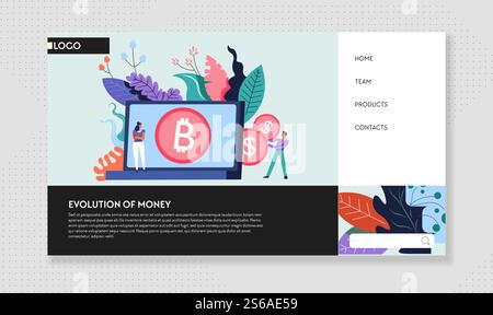 Cash and bitcoin evolution of money web page Internet site template vector online currency mining business and banking businessman or entrepreneur and open laptop search and navigation dollars. Evolution of money cash and bitcoin web page Internet site Stock Vector