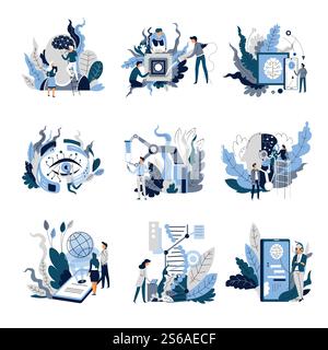Science and technology artificial intelligence isolated abstract concepts vector robot and engineers devices synchronization and smart web surfing chemistry and genetics development playlist selection. Artificial intelligence isolated abstract concepts science and technology Stock Vector