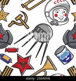 Soviet Union seamless pattern USSR symbols retro items vector spaceman and satellite red star and horn condensed milk and sweets St George ribbon medal hammer and sickle soldier hat endless texture... USSR symbols Soviet Union seamless pattern retro items Stock Vector