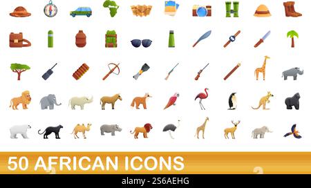 50 african icons set. Cartoon illustration of 50 african icons vector set isolated on white background. 50 african icons set, cartoon style Stock Vector