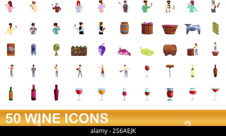 50 wine icons set. Cartoon illustration of 50 wine icons vector set isolated on white background. 50 wine icons set, cartoon style Stock Vector