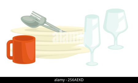 Dishwasing clean dishes and glasses or cup vector housework plates pile spoon and fork glassware and dishware washing and cleaning household chore, and housework or housekeeping kitchenware items. Clean dishes and glasses or cup spoon and fork dishwashing Stock Vector