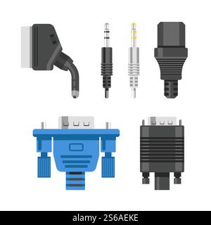Connection cable and connectors audio or video adapters and plug isolated vector Ethernet network port HDMI and DVI RCA electric appliance and technology devices linking metal and rubber wiring.. Connection cable and connectors audio or video adapters and plug isolated vector Stock Vector