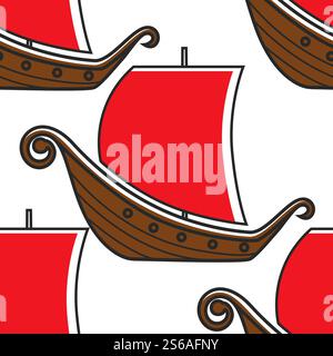 Vikings vessel seamless pattern Norway ancient ship vector wooden sailboat with red sails Norwegian old warship endless texture traveling and tourism country symbol or relic wallpaper print. Norway ancient ship vikings vessel seamless pattern Stock Vector