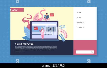 Knowledge online education web page template open laptop vector distant or home learning and studying webinar or lecture student video and text materials examination online Internet site mockup. Online education web page template open laptop Stock Vector