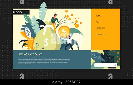 Online banking business and finance savings account web page template vector gold coins earnings protection online money storage cash and gold coins finance app accounting businessmen and entrepreneurs. Savings account online banking business and finance web page template Stock Vector