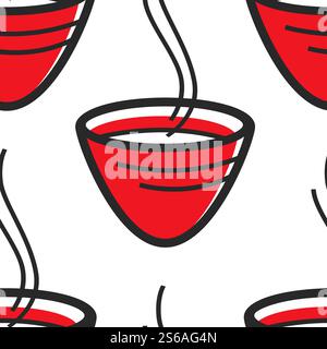 Herbal beverage Japanese steaming tea cup seamless pattern vector bowl drink and vapor traditional cuisine and ceremony endless texture travel to Japan customs wallpaper print healthy product. Japanese tea cup steaming herbal beverage seamless pattern Stock Vector