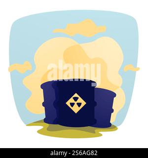 Ecology toxic waste barrels with toxins emissions and contamination vector environment problem air pollution and greenhouse effect radioactive chemical liquid dirty cloud biohazard. Toxic waste barrels with toxins emissions and contamination ecology Stock Vector