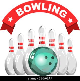 Skittles and ball bowling game club isolated icon vector sport and entertainment competition or tournament polished playing equipment strike and getting score win emblem or logo sign on ribbon. Bowling game club isolated icon skittles and ball Stock Vector