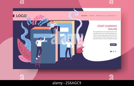 Distant education start learning online web page template vector books and textbook Internet site graduation and certificate receiving knowledge studying subjects or personal development courses. Start learning online web page template distant education Stock Vector
