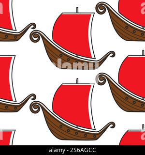 Vikings sailboat Norwegian ancient warship seamless pattern vector wooden boat with red sails Norway symbol endless texture traveling and tourism country relic traditional ship wallpaper print. Norwegian ancient warship vikings sailboat seamless pattern Stock Vector