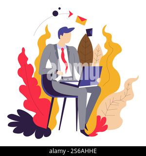 Businessman with laptop business correspondence messages and e-mail texting vector office worker on chair computer envelope icon sending files and documents through Internet job and technology.. Business correspondence businessman with laptop messages and e-mail texting Stock Vector