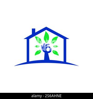 Creative green hand tree and house logo design. Natural home care logo. Spa logo. Beauty salon or yoga logo. Stock Vector