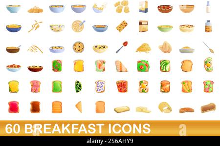 60 breakfast icons set. Cartoon illustration of 60 breakfast icons vector set isolated on white background. 60 breakfast icons set, cartoon style Stock Vector