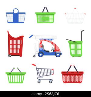 Shopping trolleys supermarket carts and baskets vector isolated objects shop container for products collecting heavy goods and small purchases children mini car porters on wheels or with handles.. Supermarket cart and basket shopping trolleys isolated objects Stock Vector