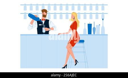 Bartender Expert Making Cocktail For Woman Black Line Pencil Drawing Vector. Young Bartender Make Mixing Alcoholic Or Non-alcoholic Drink For Bar Client. Barman And Customer Illustration. Bartender Expert Making Cocktail For Woman Vector Stock Vector