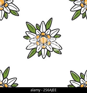 Austrian symbol edelweiss wild flower seamless pattern vector plant blossom travel to Austria endless texture bud and leaves wallpaper print traveling and tourism backdrop nature and flora greenery.. Edelweiss wild flower Austrian symbol seamless pattern Stock Vector