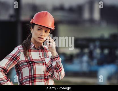 Young female engineer with helmet standing in front of irrigation system plant in agricultural field and talking on her phone Stock Photo