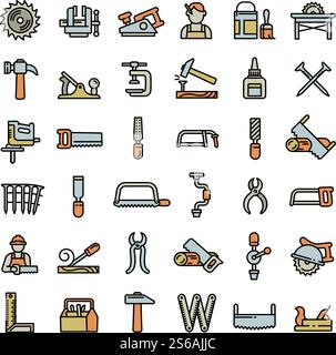 Carpenter icons set. Outline set of carpenter vector icons for web design isolated on white background. Carpenter icons set, outline style Stock Vector