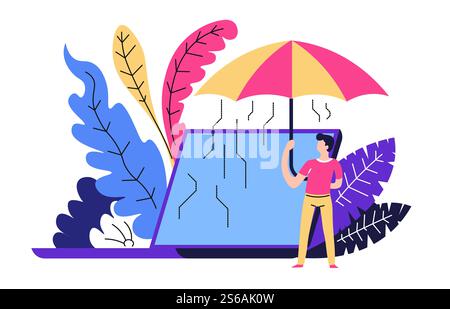 Security system software antivirus and access laptop or computer vector electronic device under umbrella personal data protection abstract concept modern technologies safety or privacy man programmer.. Antivirus and access security system software laptop or computer Stock Vector