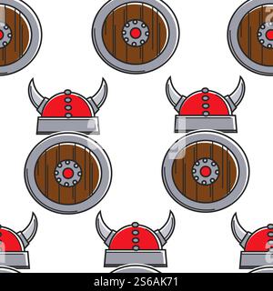 Helmet and shield Norway history vikings armory seamless pattern vector headgear with horns history and culture Norwegian traditions endless texture hardhat and military protection ancient relics.. Norway history vikings armory seamless pattern helmet and shield Stock Vector