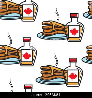 Canadian breakfast pancake with maple syrup bottle seamless pattern vector hot dish bakery or pastry on plate herb jam in container cuisine and cooking travel to Canada endless texture morning snack.. Pancakes and maple syrup bottle seamless pattern Canadian breakfast Stock Vector