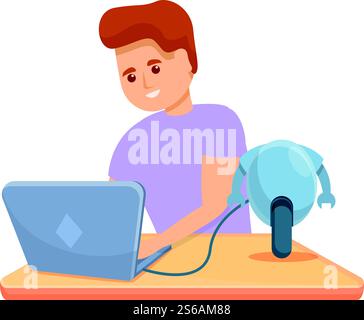 Kid programming robot bike icon. Cartoon of kid programming robot bike vector icon for web design isolated on white background. Kid programming robot bike icon, cartoon style Stock Vector