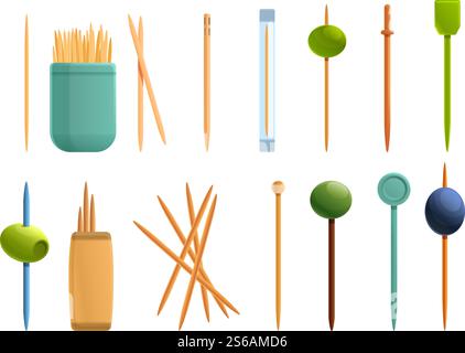 Toothpick icons set. Cartoon set of toothpick vector icons for web design. Toothpick icons set, cartoon style Stock Vector