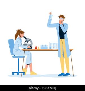 Scientists Work And Research In Laboratory Black Line Pencil Drawing Vector. Scientists Workers, Woman Looking And Analyzing Through Microscope, Man Researching Chemical Liquid In Flask. Illustration. Scientists Work And Research In Laboratory Vector Stock Vector