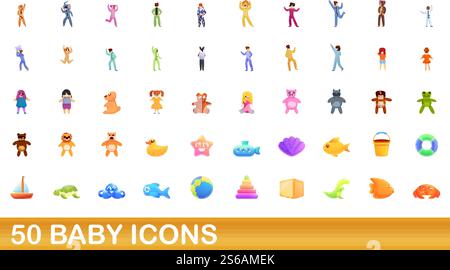 50 baby icons set. Cartoon illustration of 50 baby icons vector set isolated on white background. 50 baby icons set, cartoon style Stock Vector