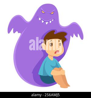 Fear child and monster nightmare childish phobia and imaginary creature vector isolated male character boy and scary evil ghost night or sleeping time, insomnia kid sitting on floor spooky spirit. Child and monster nightmare phobia and imaginary creature Stock Vector